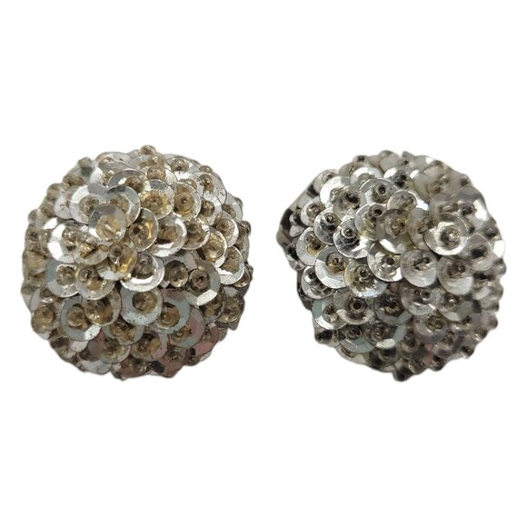 Vintage Silver Sequin Clip-On Earrings - Picture 1 of 10